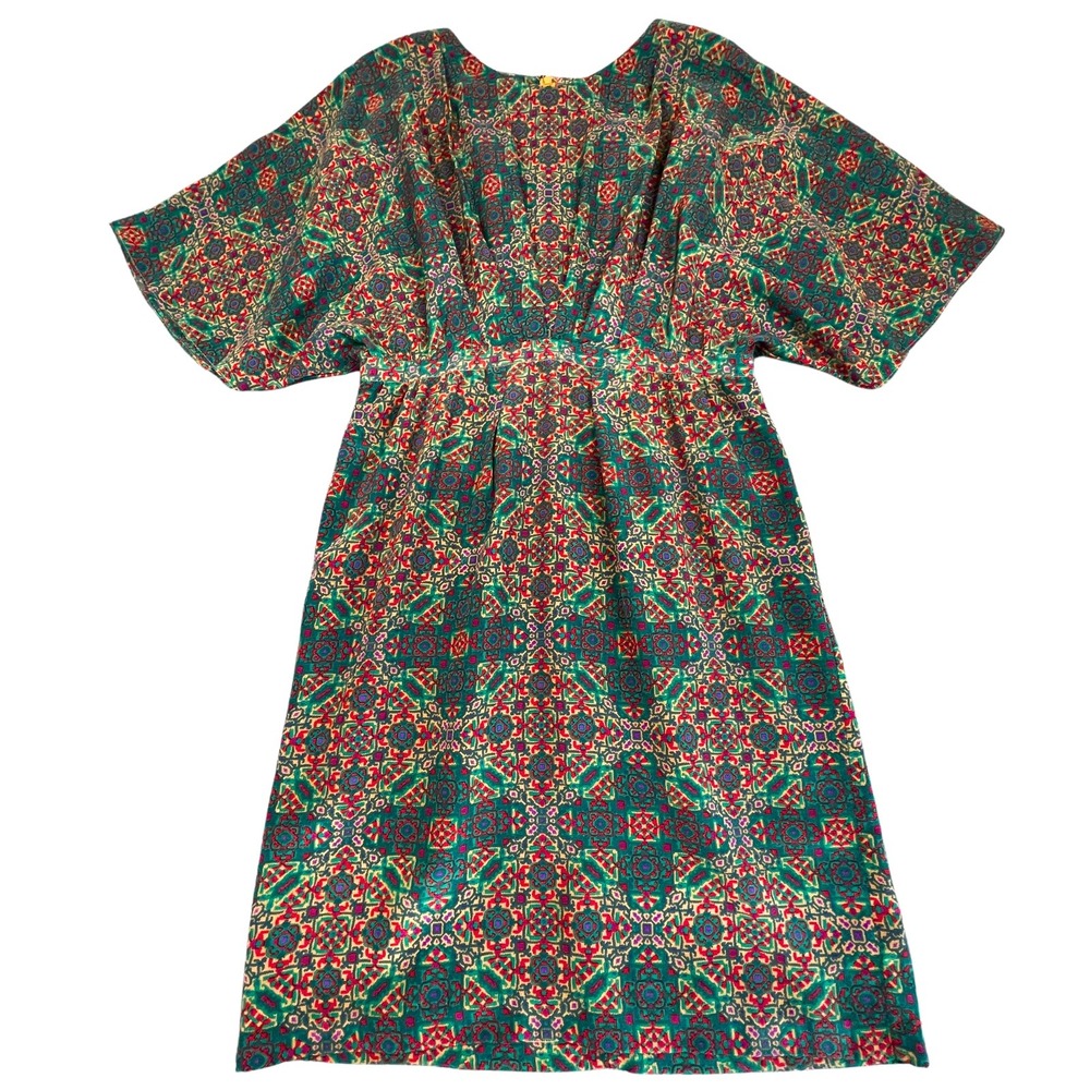 Nieves Lavi NY Silk Dress 6 Moroccan Tile Empire Waist Scoop‎ Neck V Back Zipper